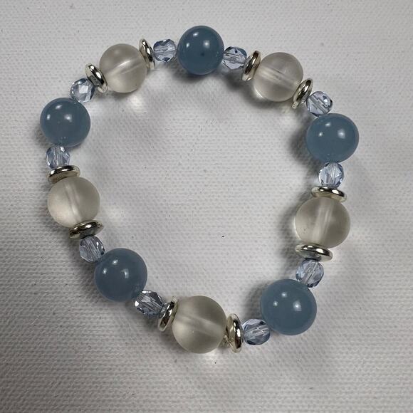 Handmade Beaded Bracelet Trio Sky Blue Gray Silver Tone Beads - Picture 6 of 9